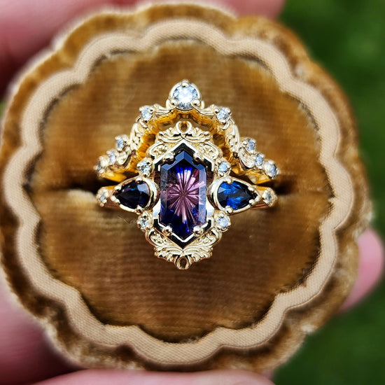 Fantasy Cut Winza Sapphire Odette Engagement Ring Set with Pear Blue Sapphires 14k Yellow Gold image 5