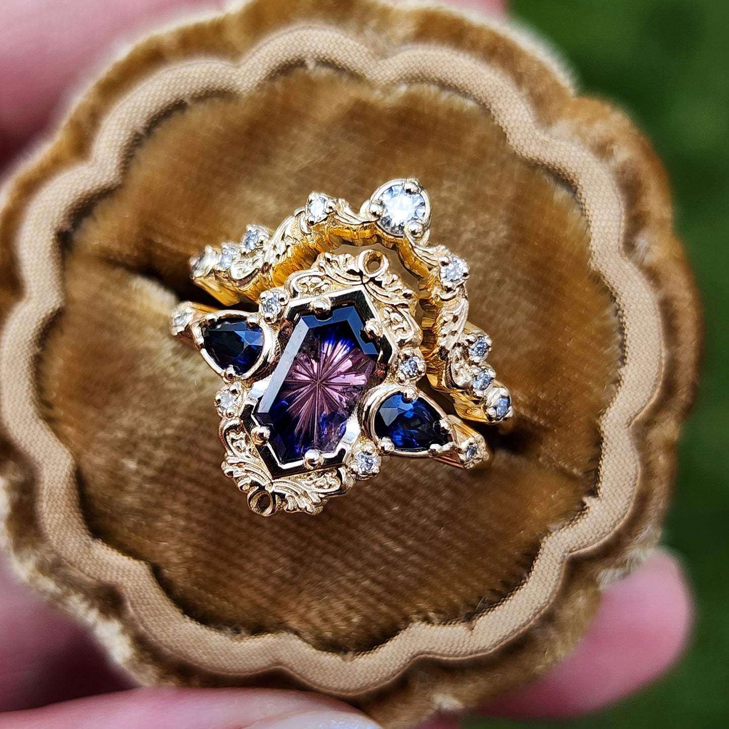 Fantasy Cut Winza Sapphire Odette Engagement Ring Set with Pear Blue Sapphires 14k Yellow Gold image  6