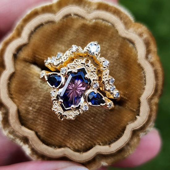 Fantasy Cut Winza Sapphire Odette Engagement Ring Set with Pear Blue Sapphires 14k Yellow Gold image  6