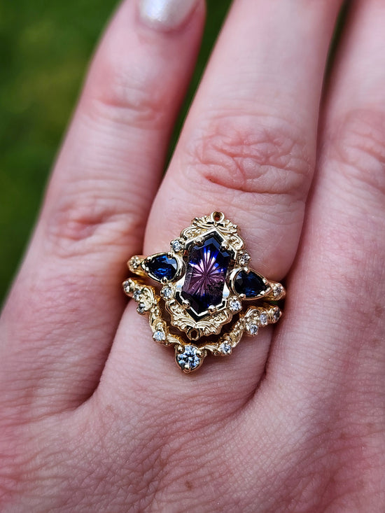 Fantasy Cut Winza Sapphire Odette Engagement Ring Set with Pear Blue Sapphires 14k Yellow Gold image 7
