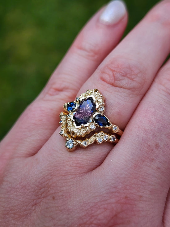 Fantasy Cut Winza Sapphire Odette Engagement Ring Set with Pear Blue Sapphires 14k Yellow Gold image 8