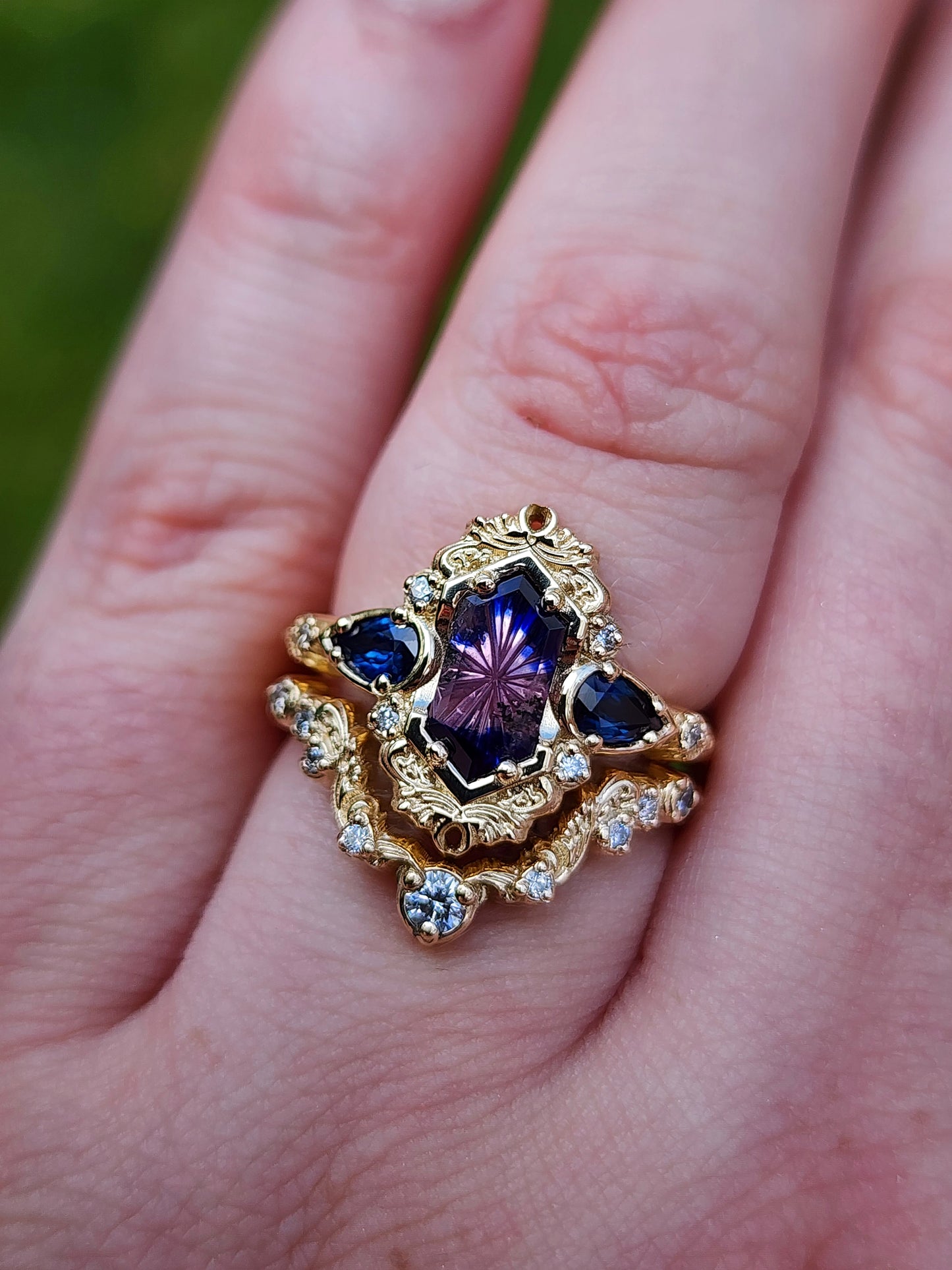 Fantasy Cut Winza Sapphire Odette Engagement Ring Set with Pear Blue Sapphires 14k Yellow Gold image 9