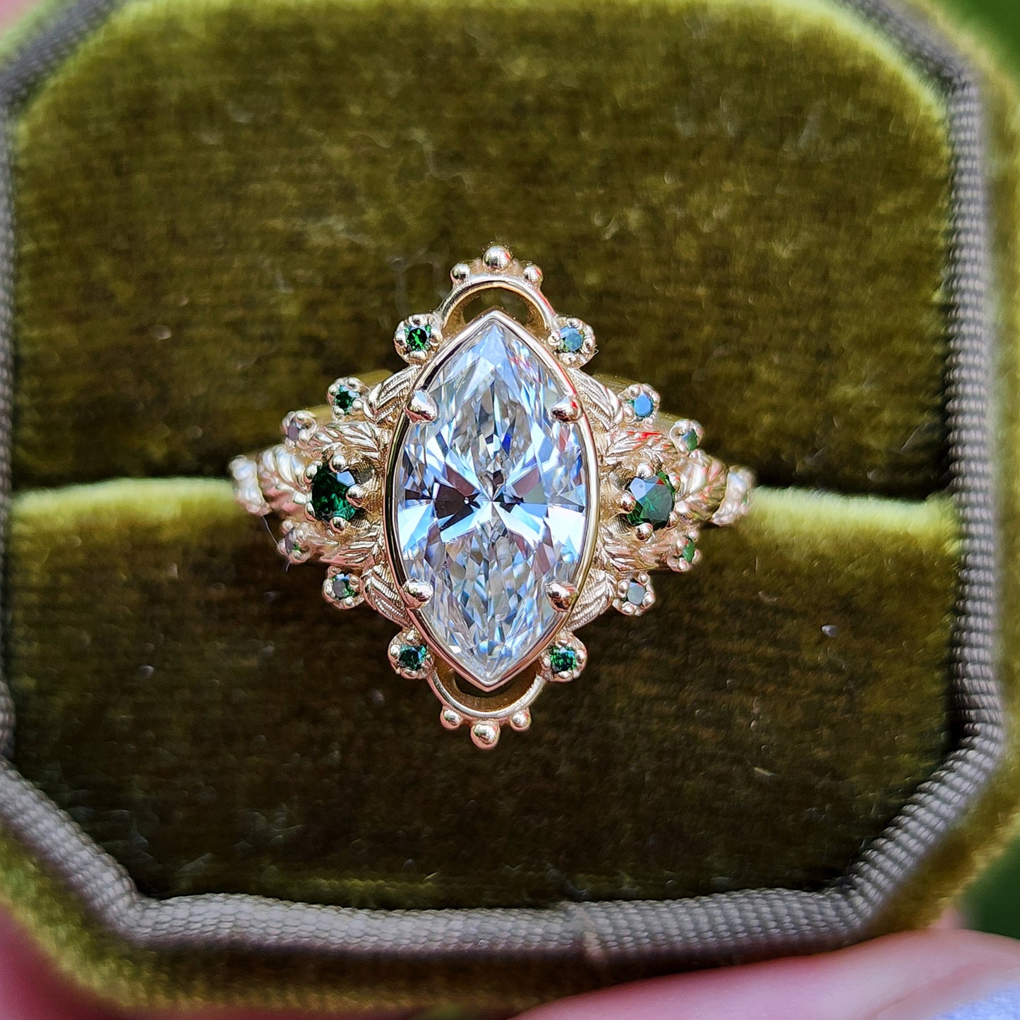 2.09ct Marquise Lab Diamond Natura with Forest Green Diamonds and Leaves - Elvish Engagement Ring 14k Yellow Gold image 4