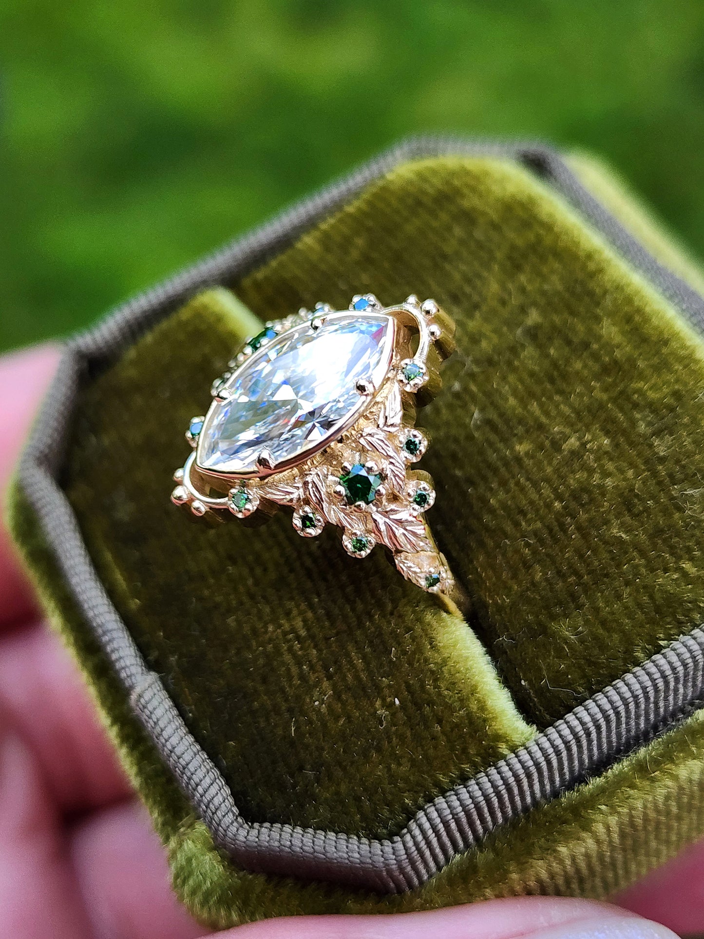 Ready to Ship Size 6 - 8 - 2.09ct Marquise Lab Diamond Natura with Forest Green Diamonds and Leaves - Elvish Engagement Ring 14k Yellow Gold