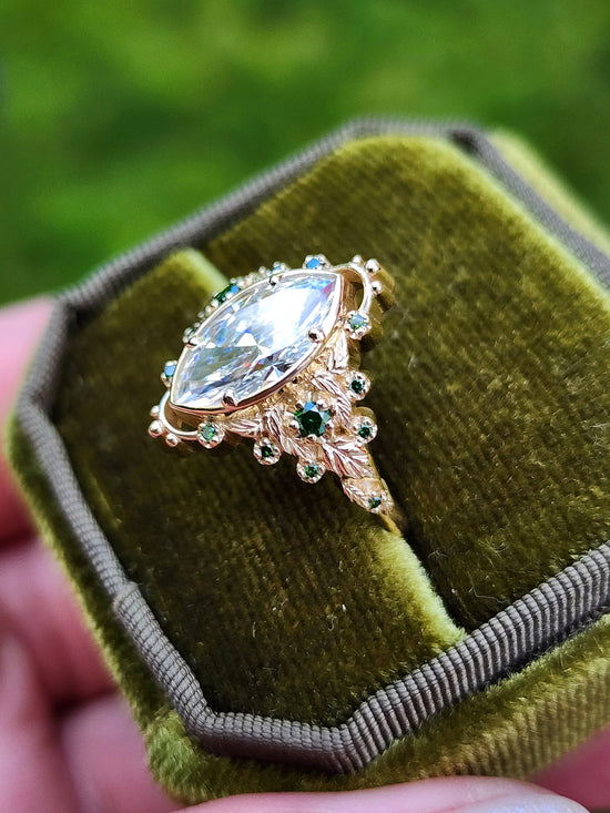 Ready to Ship Size 6 - 8 - 2.09ct Marquise Lab Diamond Natura with Forest Green Diamonds and Leaves - Elvish Engagement Ring 14k Yellow Gold