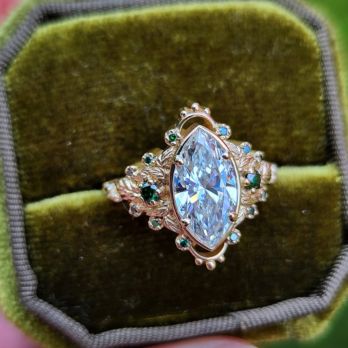 2.09ct Marquise Lab Diamond Natura with Forest Green Diamonds and Leaves - Elvish Engagement Ring 14k Yellow Gold image 5