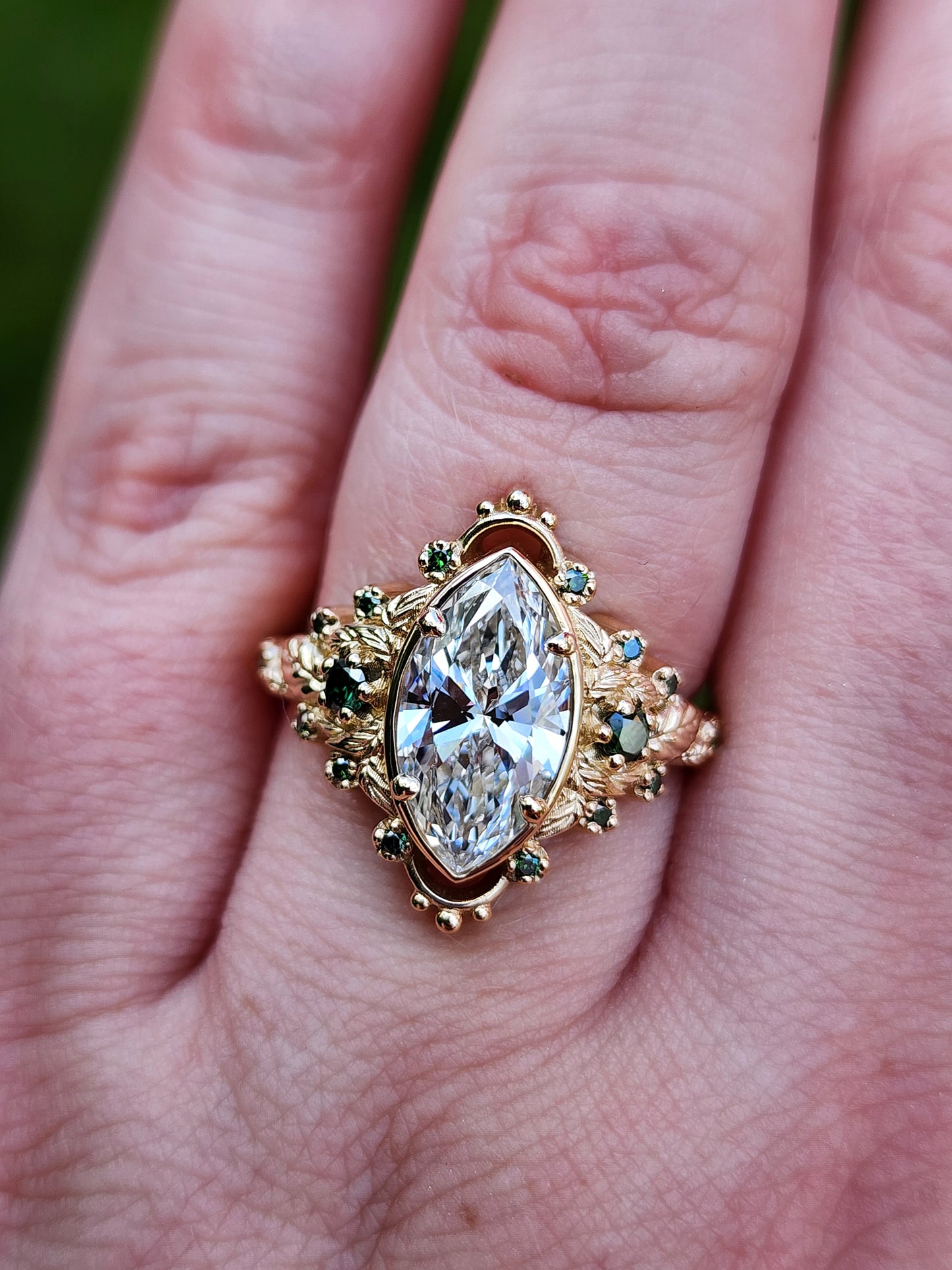 2.09ct Marquise Lab Diamond Natura with Forest Green Diamonds and Leaves - Elvish Engagement Ring 14k Yellow Gold image 7
