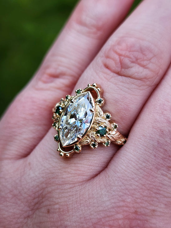 2.09ct Marquise Lab Diamond Natura with Forest Green Diamonds and Leaves - Elvish Engagement Ring 14k Yellow Gold image 8