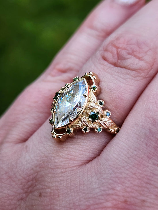 2.09ct Marquise Lab Diamond Natura with Forest Green Diamonds and Leaves - Elvish Engagement Ring 14k Yellow Gold image 9