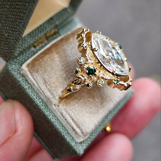 2.09ct Marquise Lab Diamond Natura with Forest Green Diamonds and Leaves - Elvish Engagement Ring 14k Yellow Gold image 3