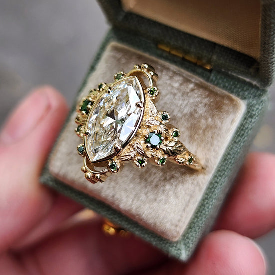 2.09ct Marquise Lab Diamond Natura with Forest Green Diamonds and Leaves - Elvish Engagement Ring 14k Yellow Gold image 2