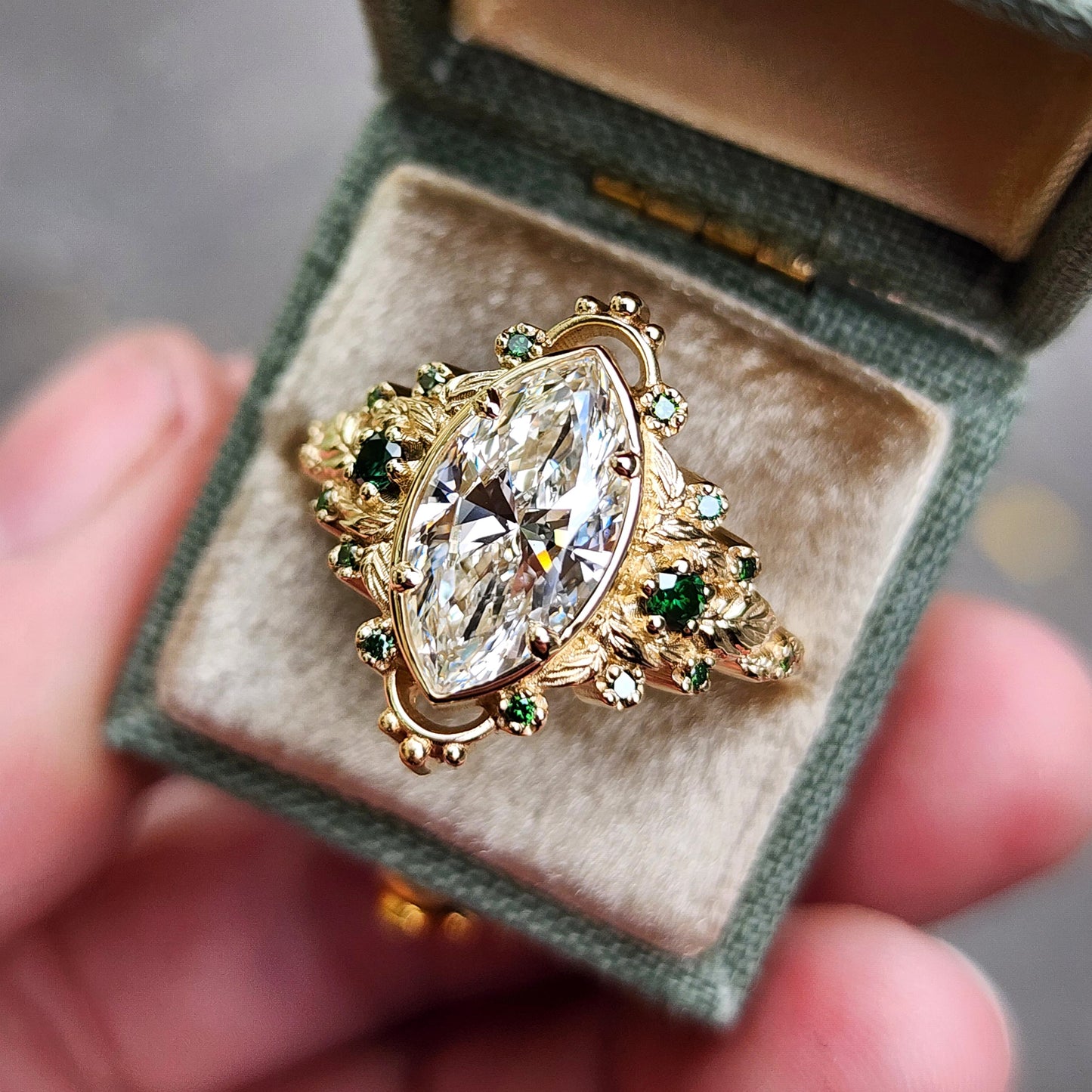 2.09ct Marquise Lab Diamond Natura with Forest Green Diamonds and Leaves - Elvish Engagement Ring 14k Yellow Gold image 1