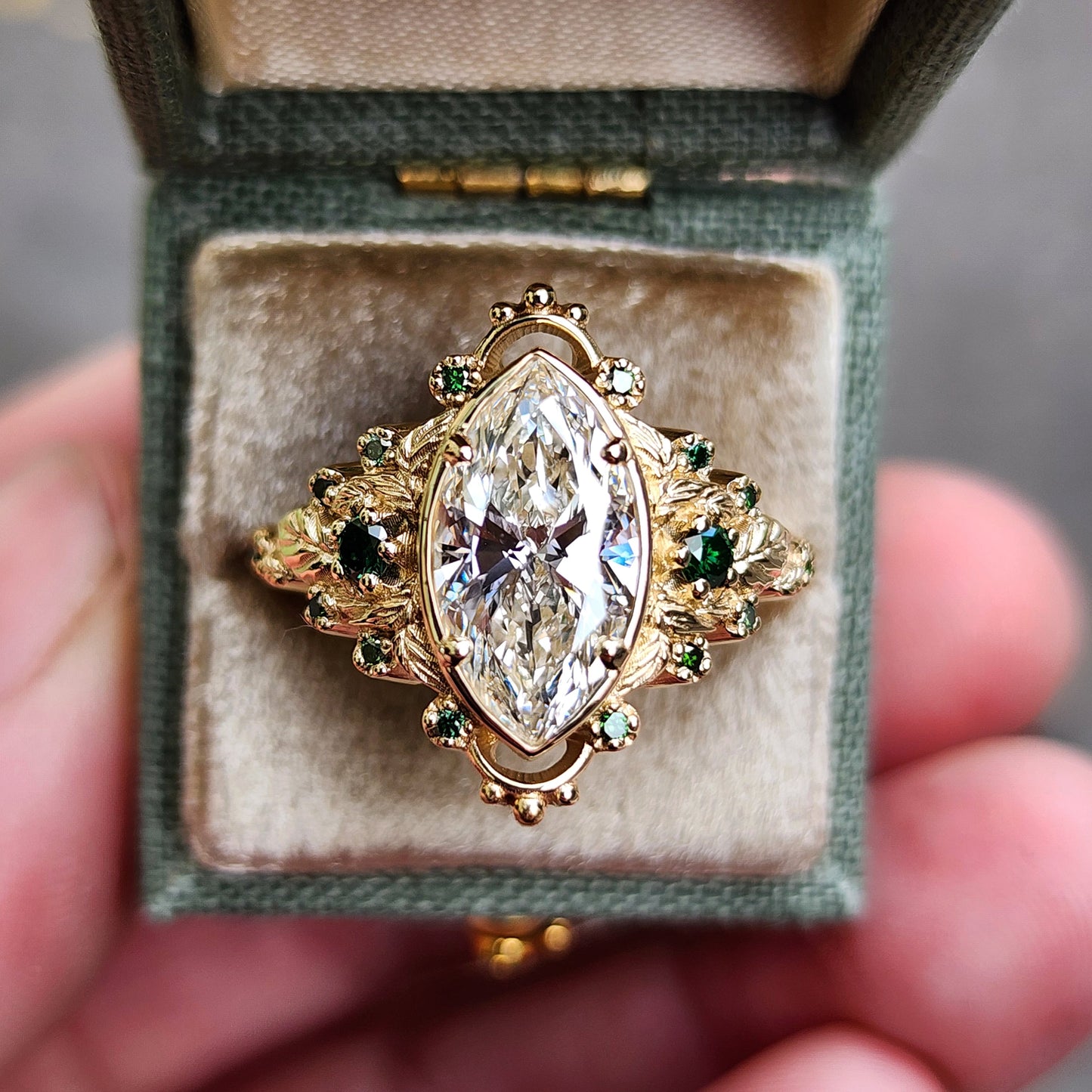 2.09ct Marquise Lab Diamond Natura with Forest Green Diamonds and Leaves - Elvish Engagement Ring 14k Yellow Gold image 9