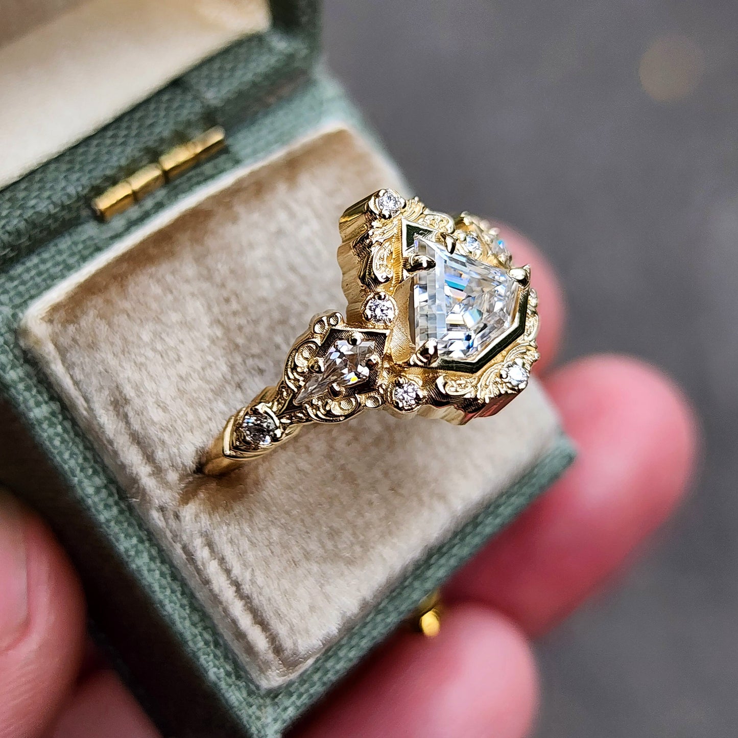 Odessa Art Deco Engagement Ring with Kite Side Stones and Delicate Gold Scrolls image 9