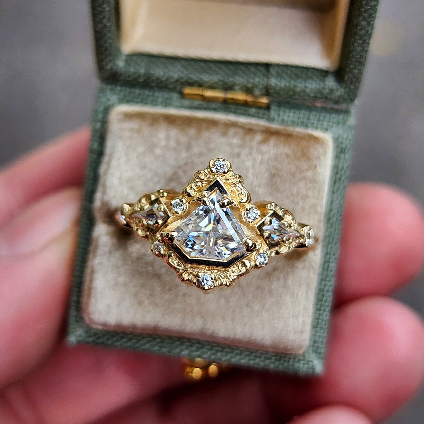 Odessa Art Deco Engagement Ring with Kite Side Stones and Delicate Gold Scrolls image 7