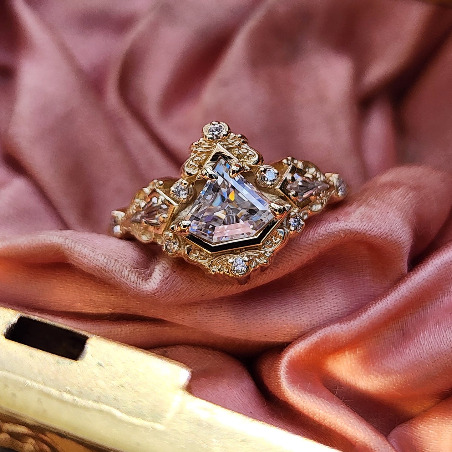 Odessa Art Deco Engagement Ring with Kite Side Stones and Delicate Gold Scrolls image 1