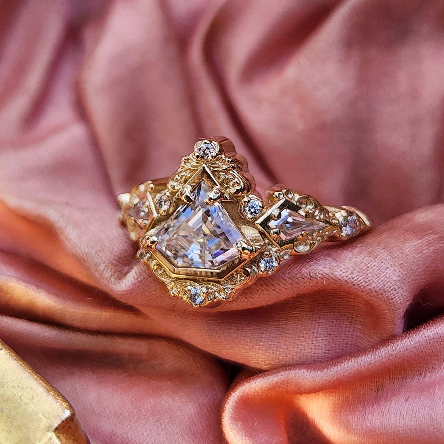 Odessa Art Deco Engagement Ring with Kite Side Stones and Delicate Gold Scrolls image 3