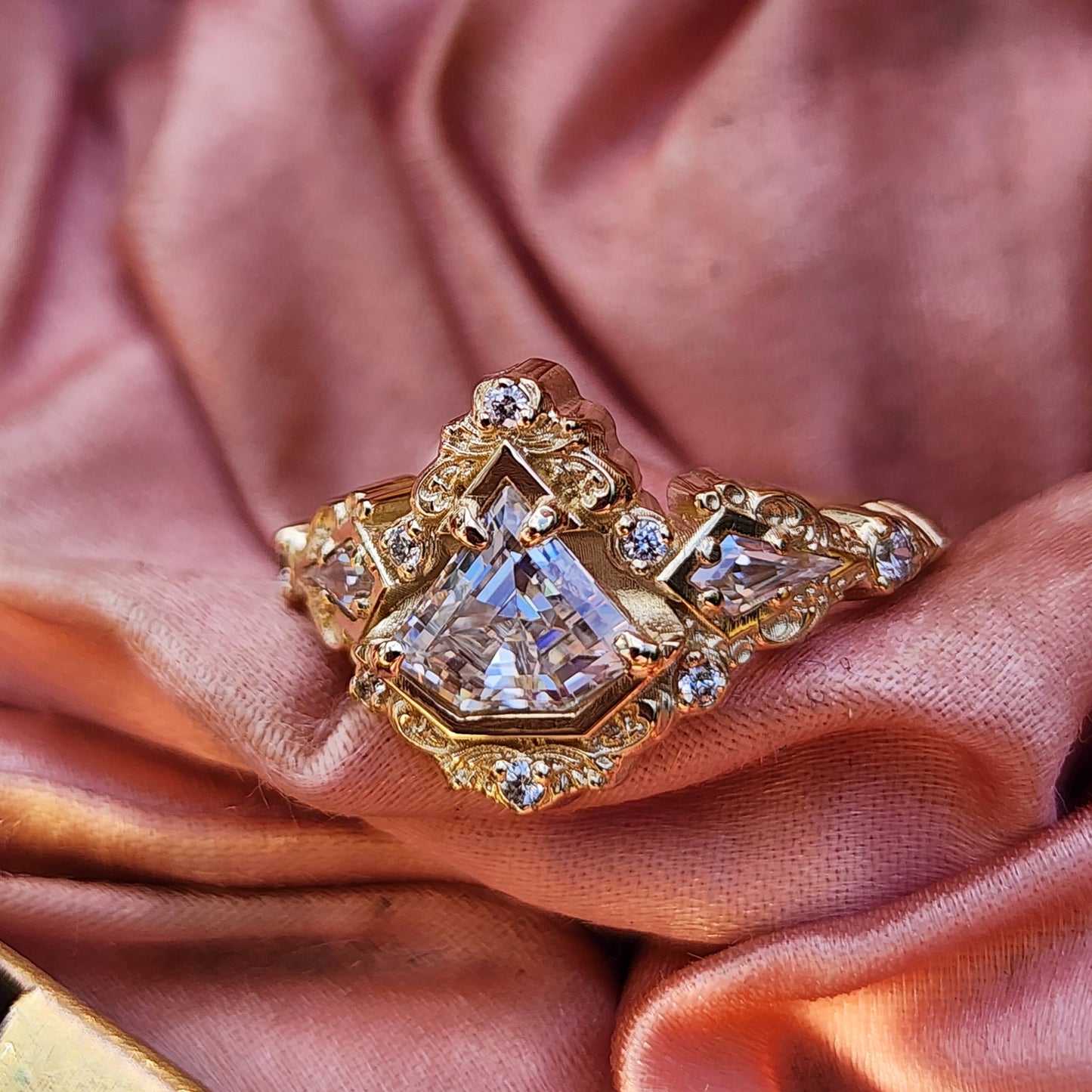 Odessa Art Deco Engagement Ring with Kite Side Stones and Delicate Gold Scrolls image 4