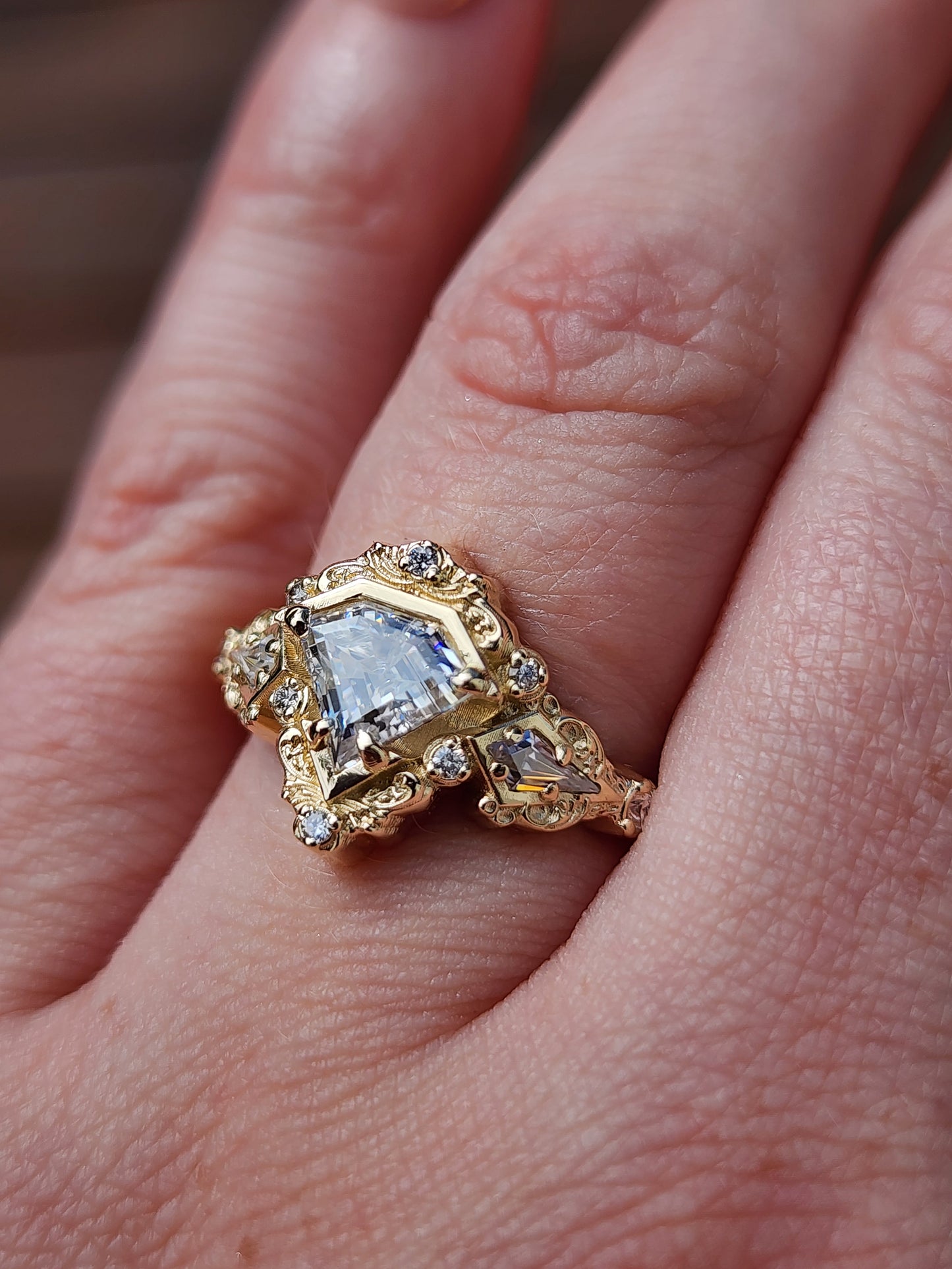 Odessa Art Deco Engagement Ring with Kite Side Stones and Delicate Gold Scrolls image 11
