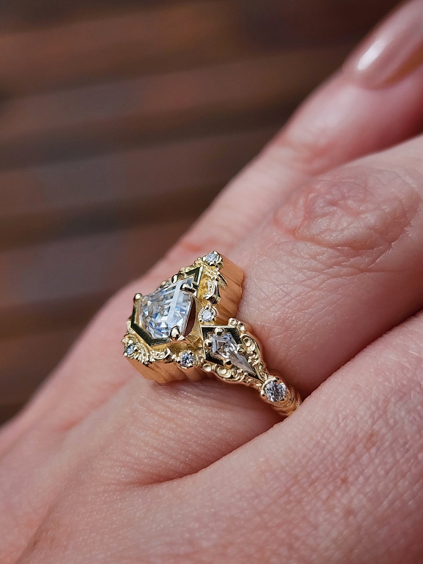 Odessa Art Deco Engagement Ring with Kite Side Stones and Delicate Gold Scrolls image 12