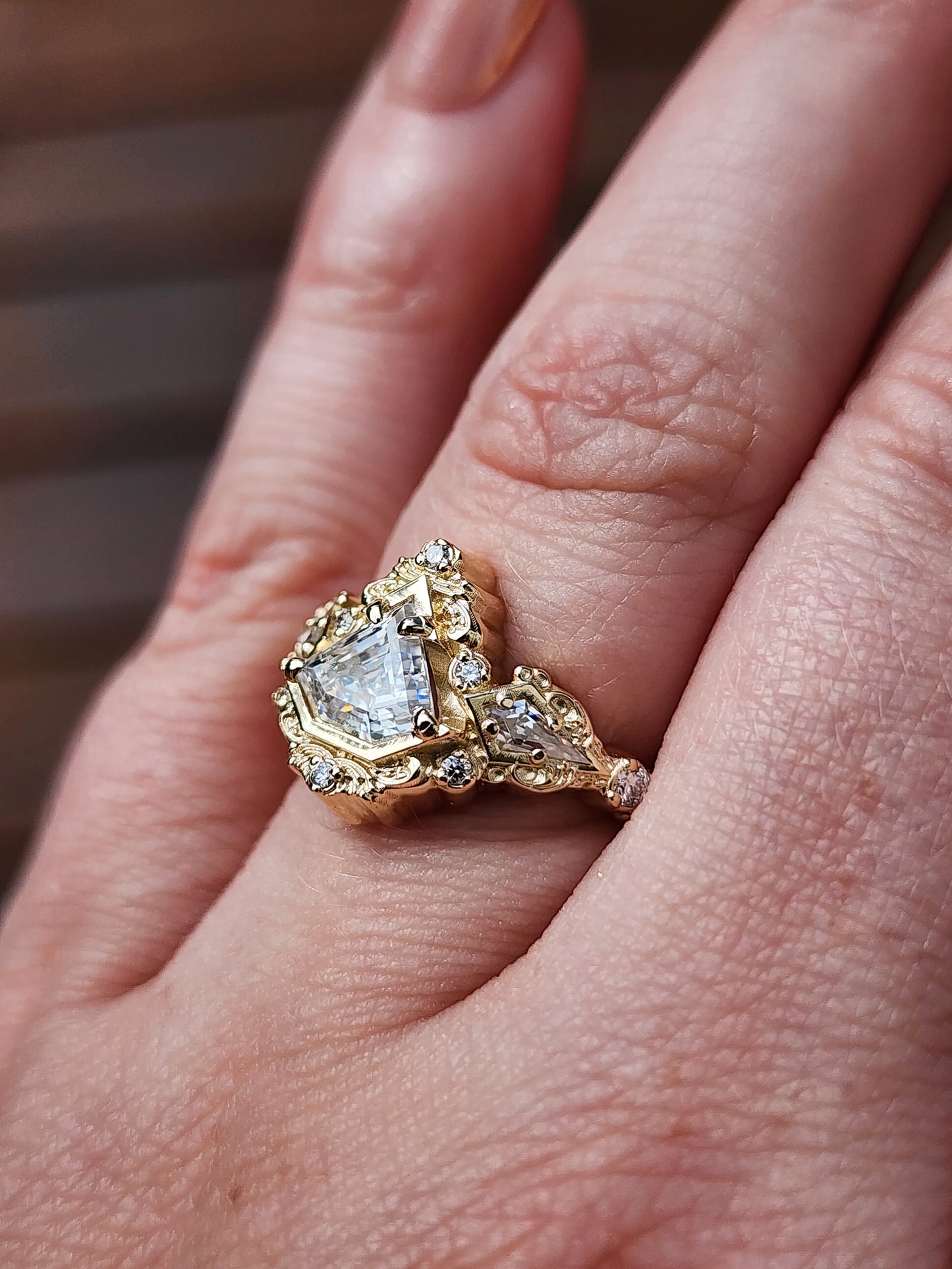 Odessa Art Deco Engagement Ring with Kite Side Stones and Delicate Gold Scrolls image 13