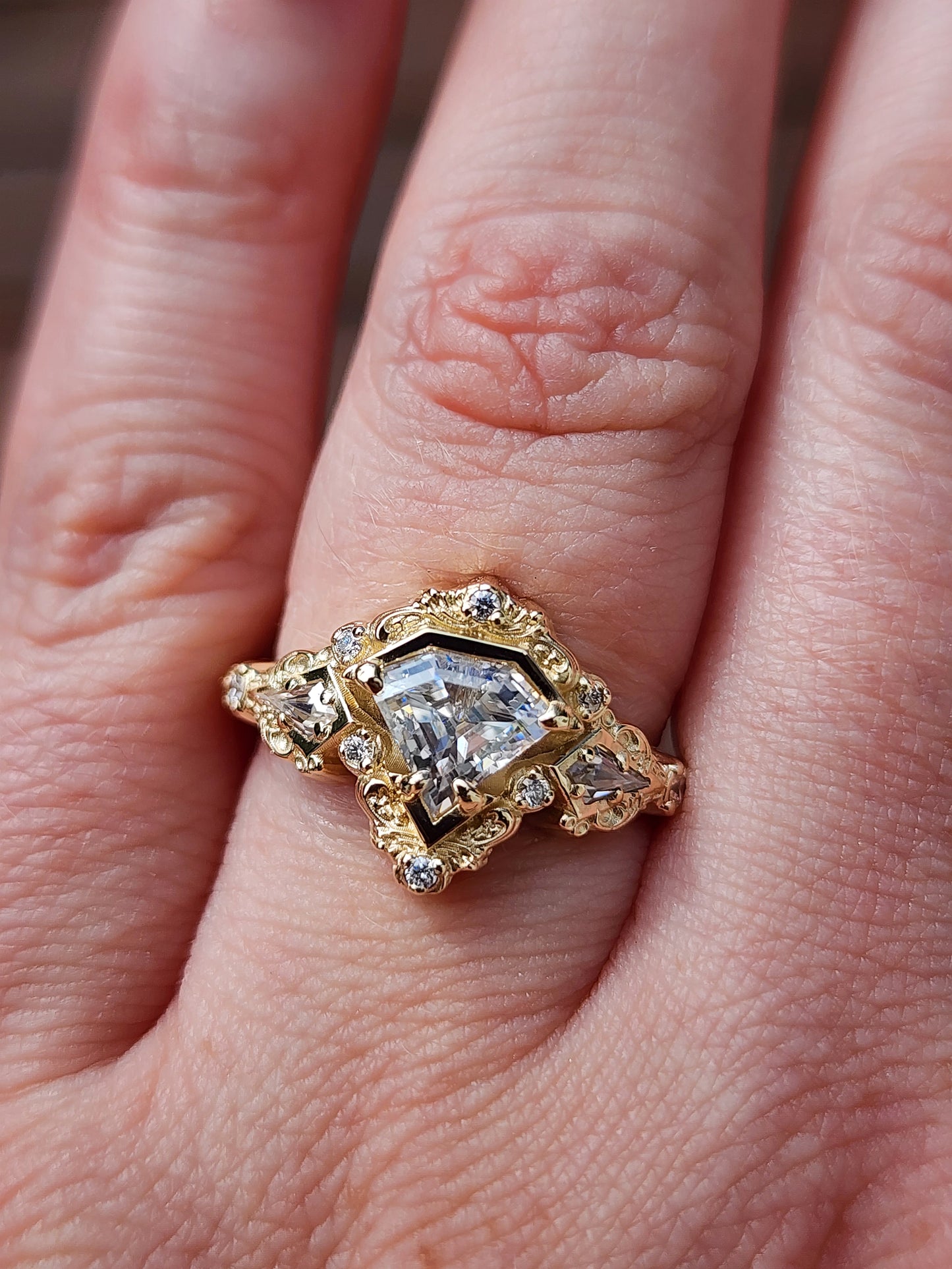 Odessa Art Deco Engagement Ring with Kite Side Stones and Delicate Gold Scrolls image  10