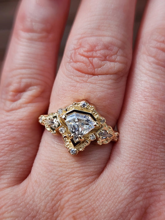 Odessa Art Deco Engagement Ring with Kite Side Stones and Delicate Gold Scrolls image  10