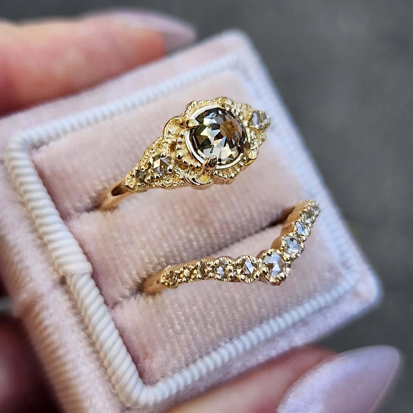 Oreads Lace Champagne Mughal Cut Diamond Engagement Ring Set image 7