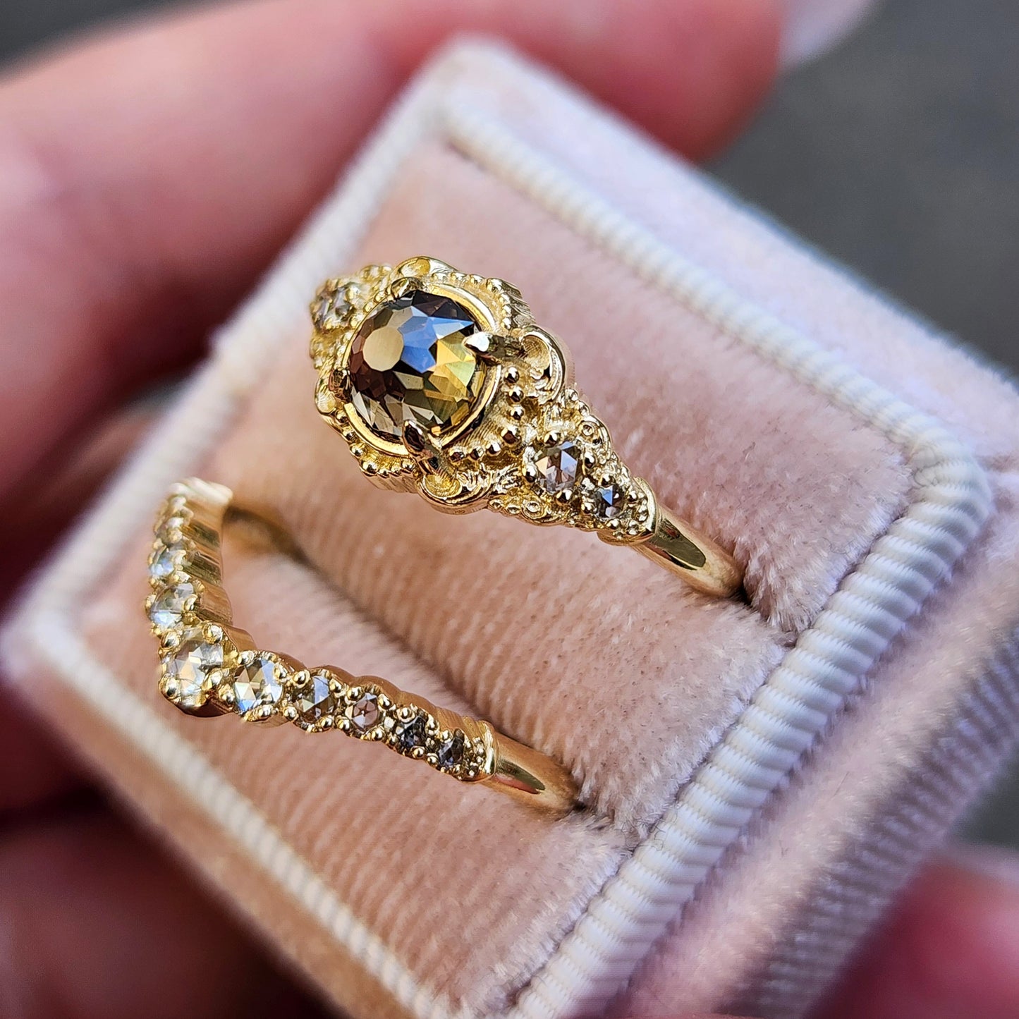 Oreads Lace Champagne Mughal Cut Diamond Engagement Ring Set image 8