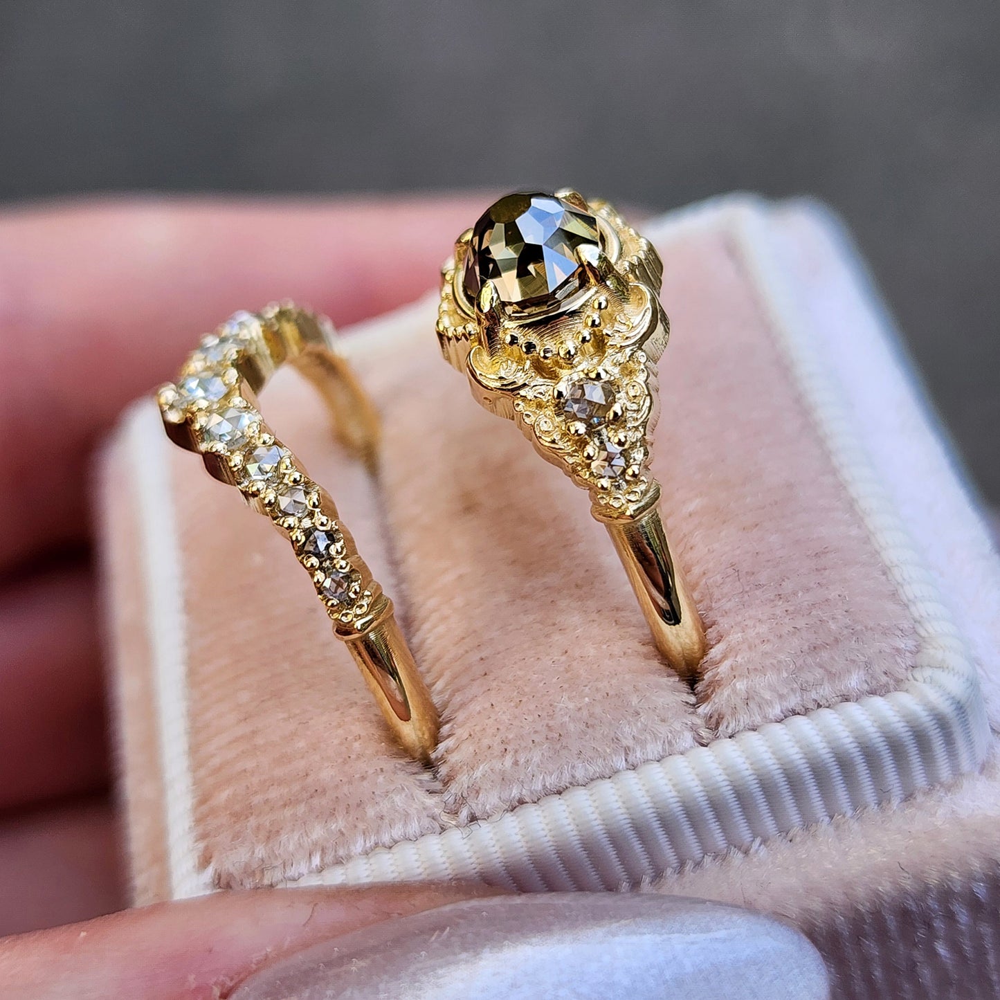 Oreads Lace Champagne Mughal Cut Diamond Engagement Ring Set image 10