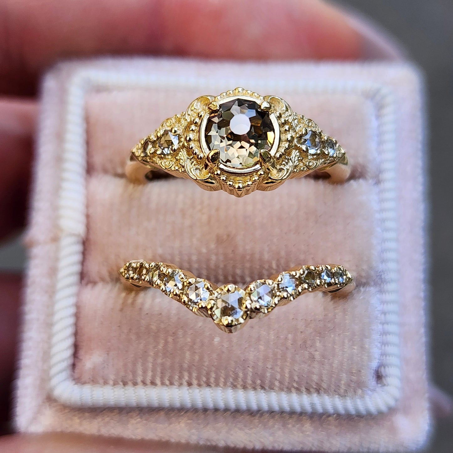 Oreads Lace Champagne Mughal Cut Diamond Engagement Ring Set image 11