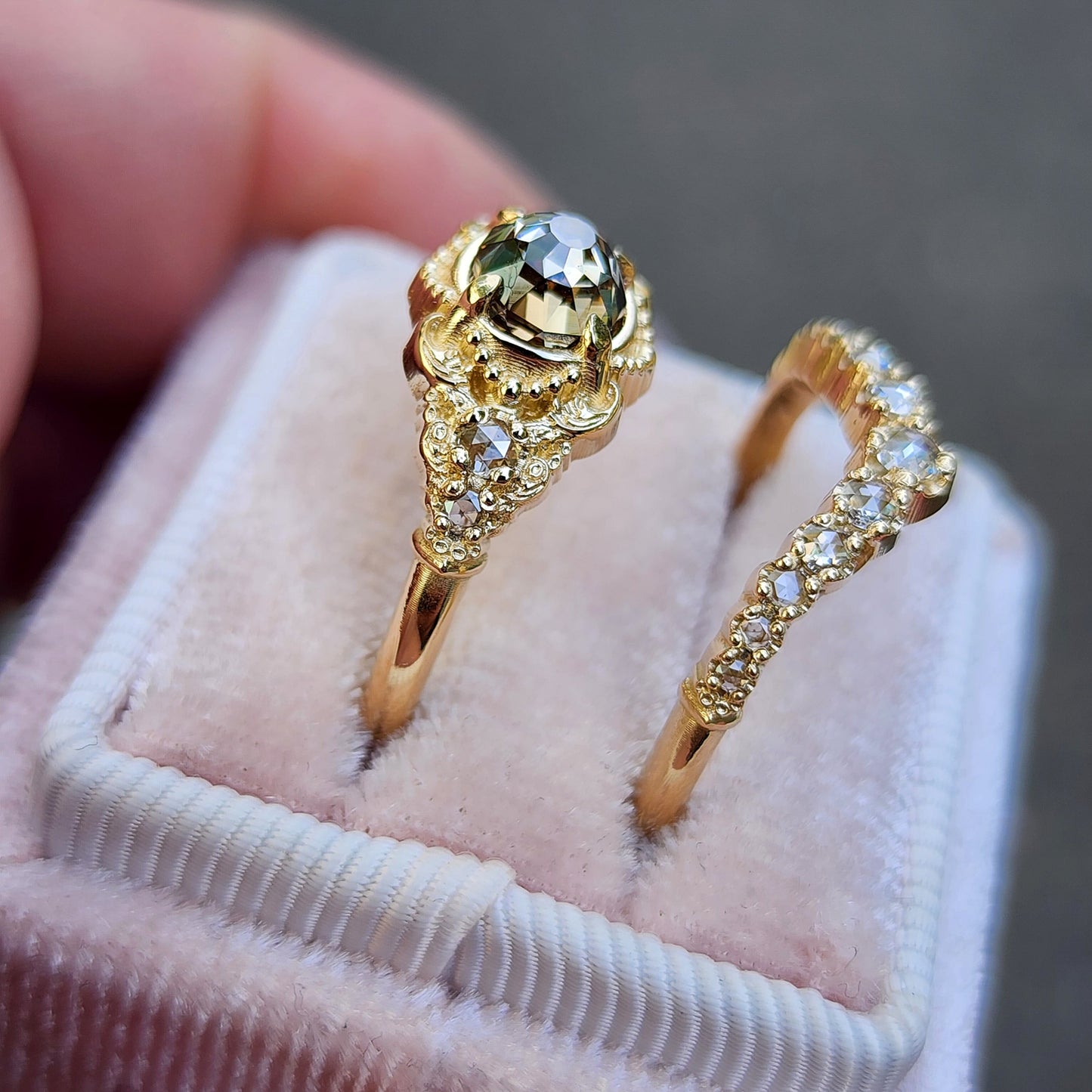 Oreads Lace Champagne Mughal Cut Diamond Engagement Ring Set image 12