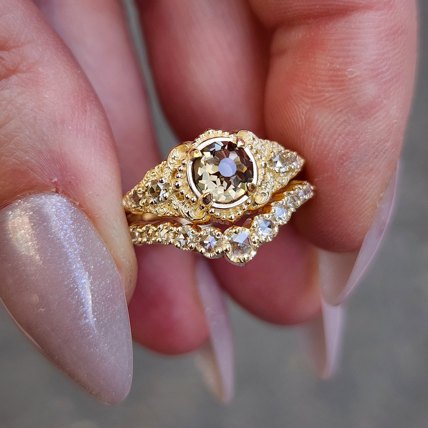 Oreads Lace Champagne Mughal Cut Diamond Engagement Ring Set image 13