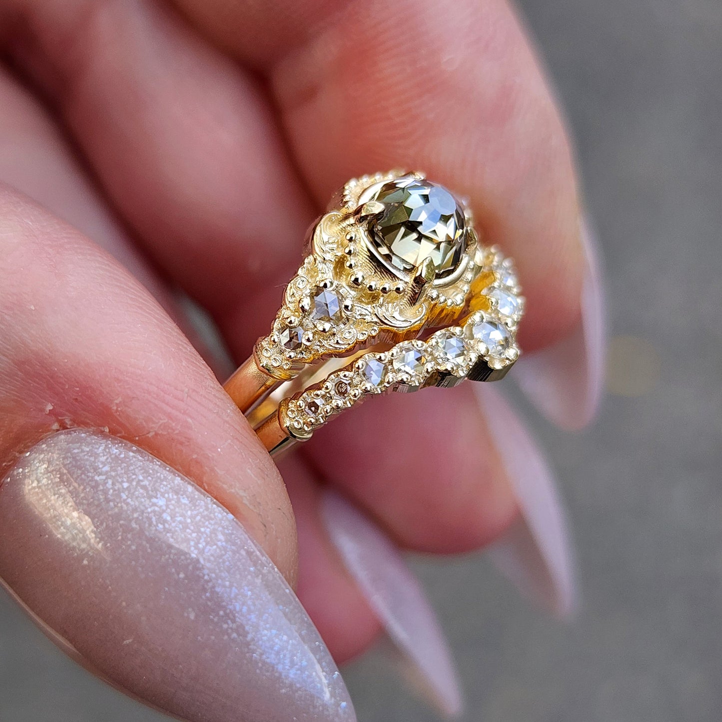 Oreads Lace Champagne Mughal Cut Diamond Engagement Ring Set image 14