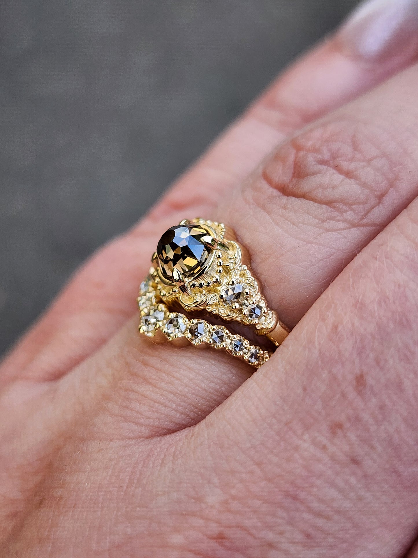 Oreads Lace Champagne Mughal Cut Diamond Engagement Ring Set image 15