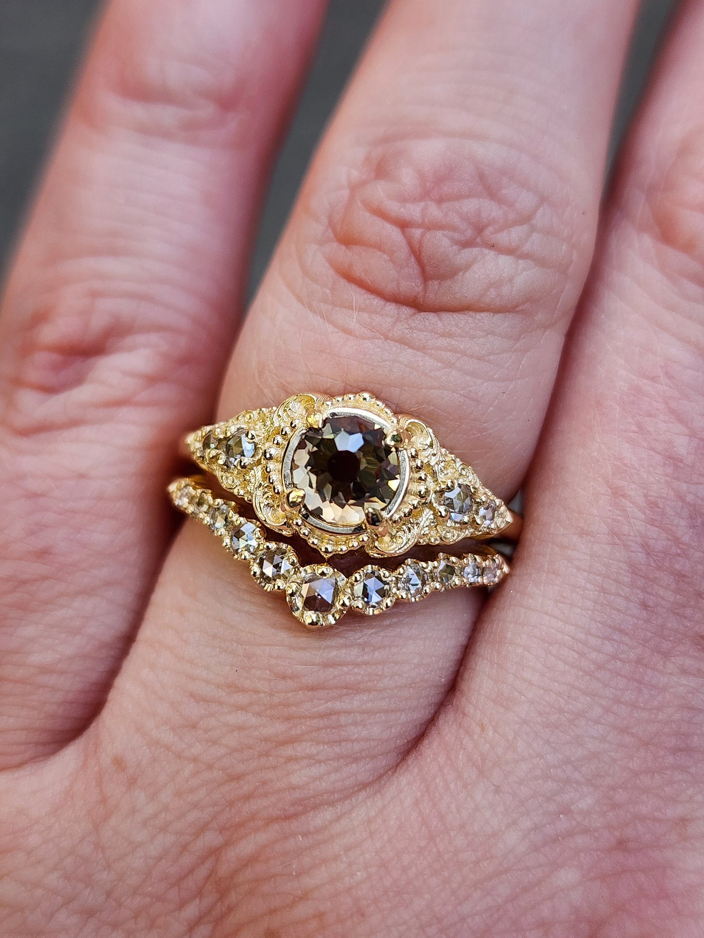 Oreads Lace Champagne Mughal Cut Diamond Engagement Ring Set image 16