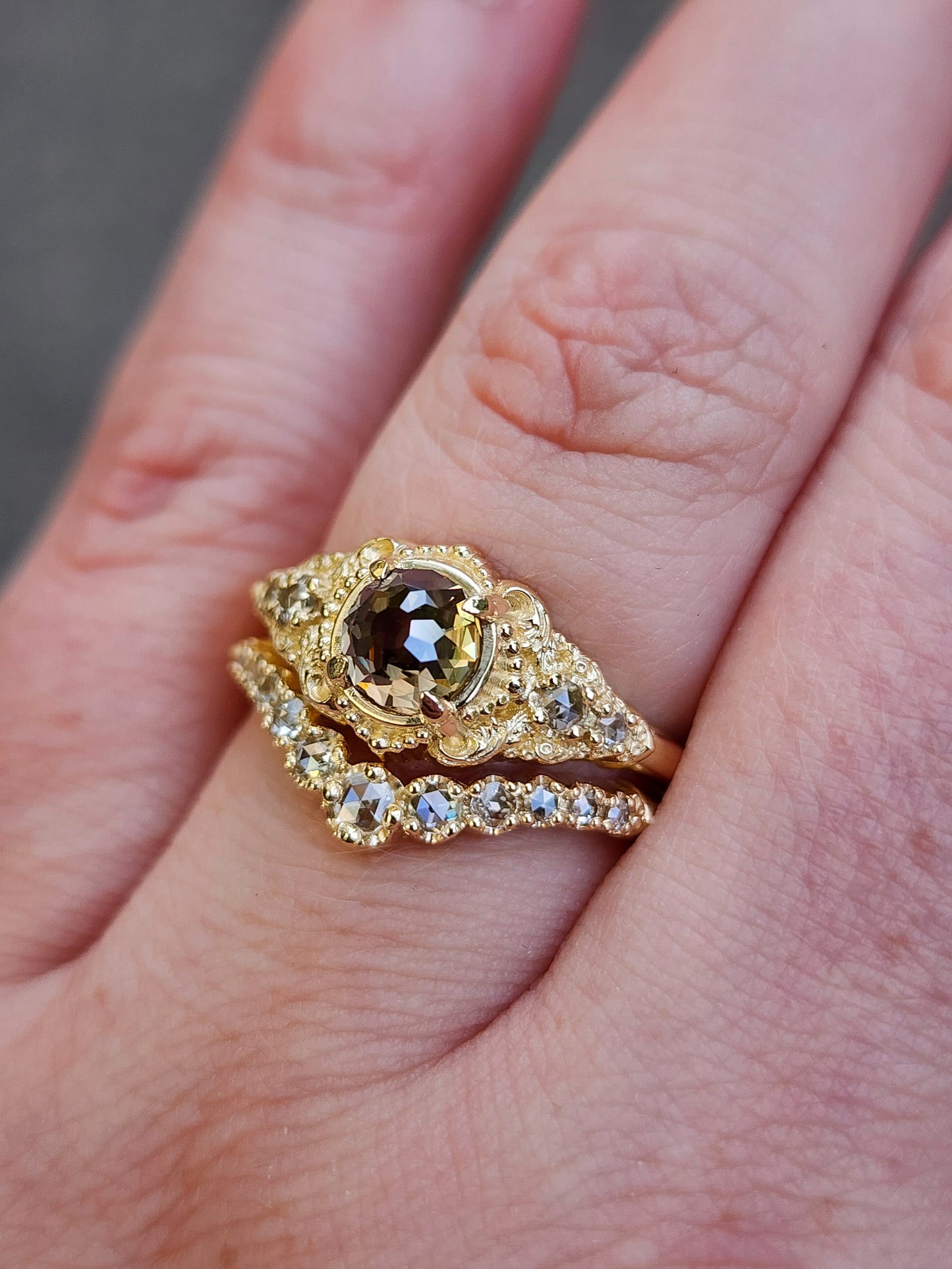 Oreads Lace Champagne Mughal Cut Diamond Engagement Ring Set image 17