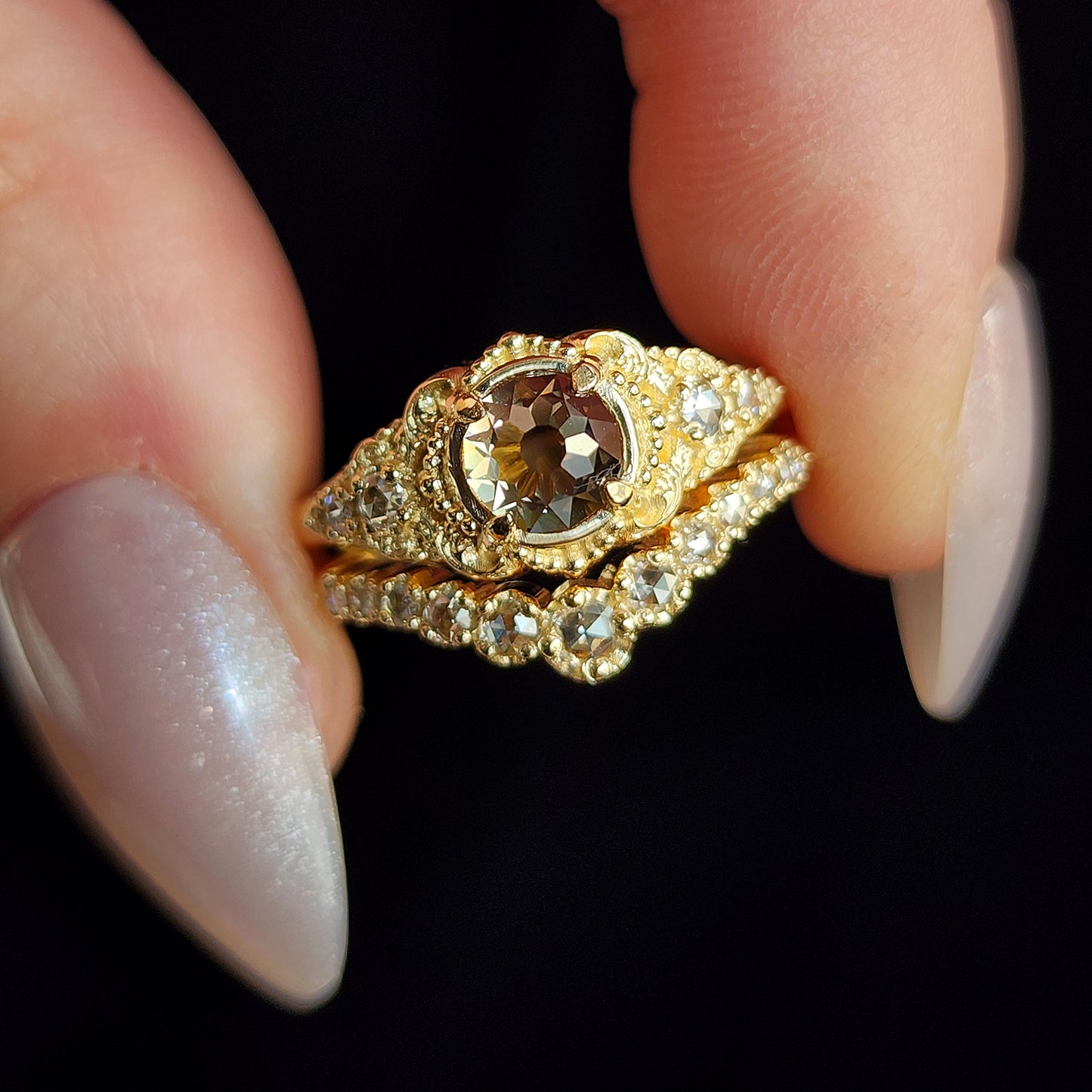 Oreads Lace Champagne Mughal Cut Diamond Engagement Ring Set image 1