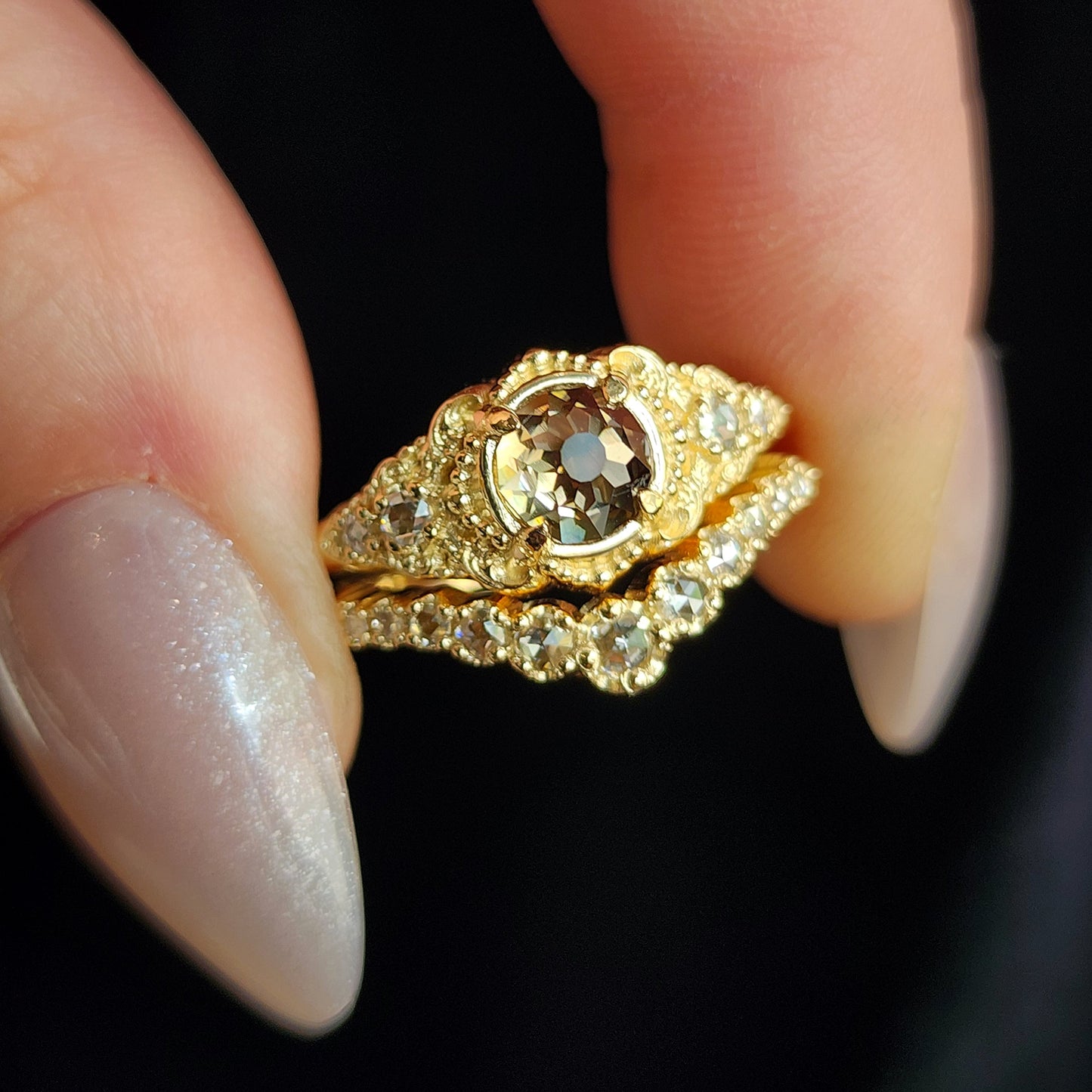 Oreads Lace Champagne Mughal Cut Diamond Engagement Ring Set image 3