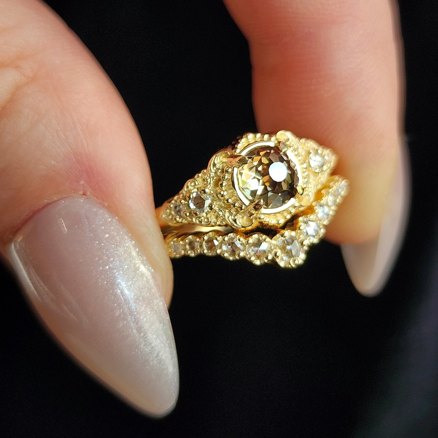 Oreads Lace Champagne Mughal Cut Diamond Engagement Ring Set image 4