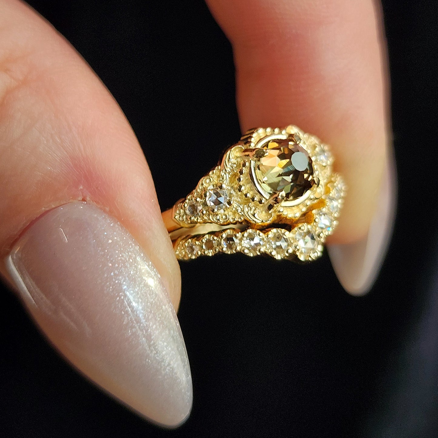 Oreads Lace Champagne Mughal Cut Diamond Engagement Ring Set image 5