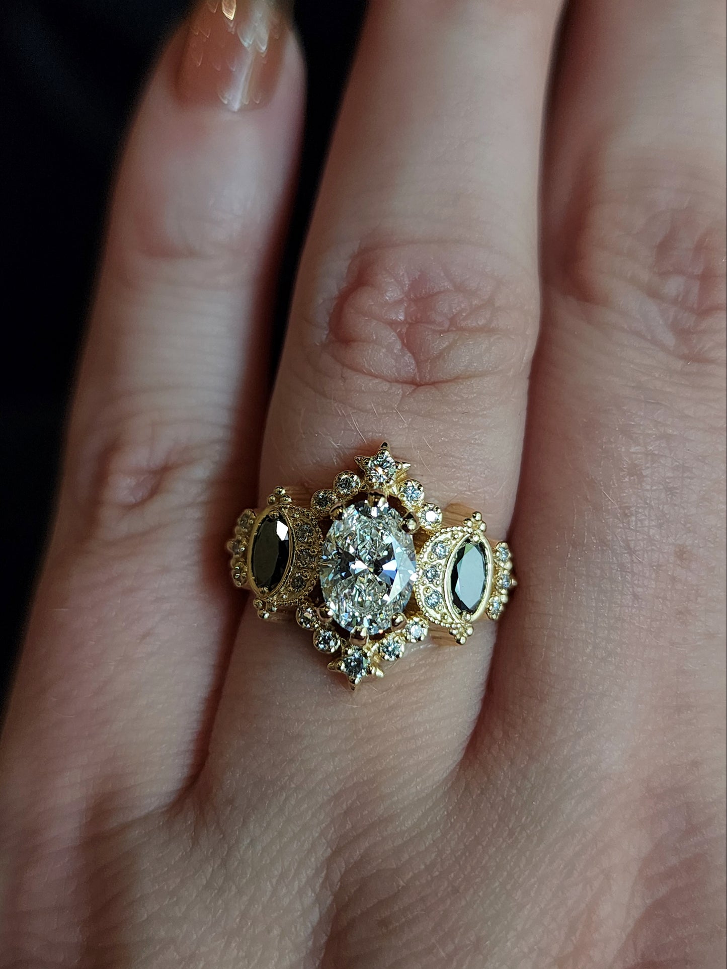 Sabrina Witchy Engagement Ring with Diamond Stars and Oval Side Gems 14k Gold image 8