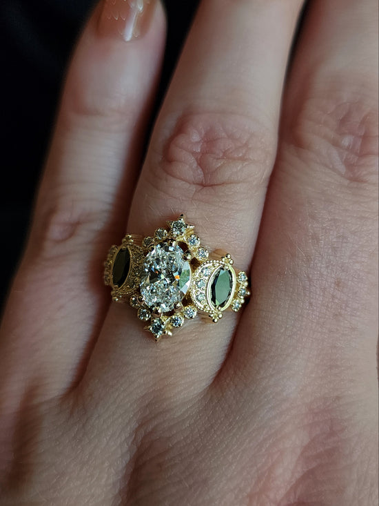 Sabrina Witchy Engagement Ring with Diamond Stars and Oval Side Gems 14k Gold image 9