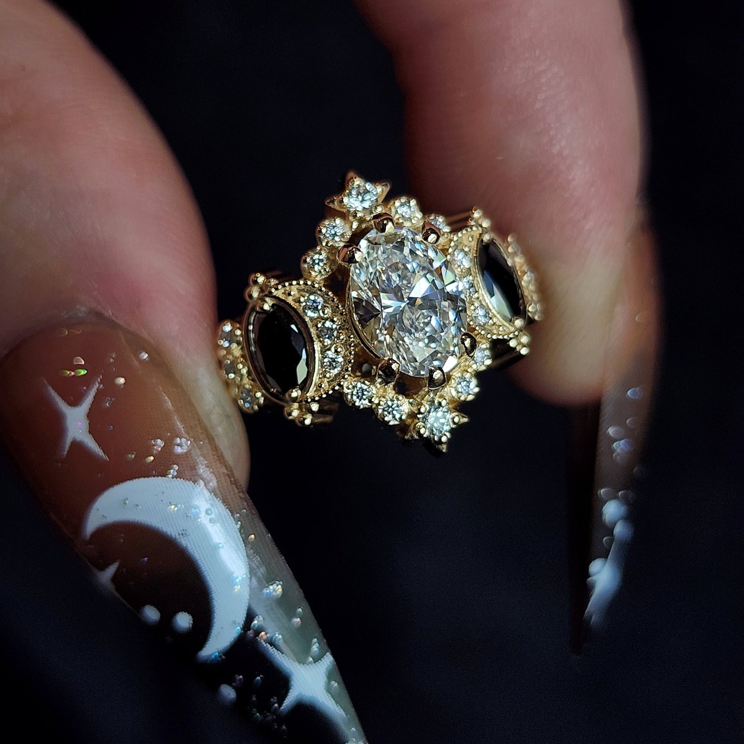 Sabrina Witchy Engagement Ring with Diamond Stars and Oval Side Gems 14k Gold image 6