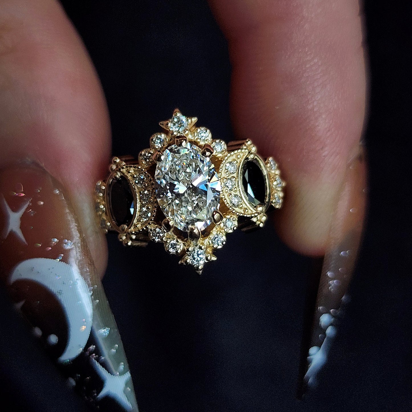 Sabrina Witchy Engagement Ring with Diamond Stars and Oval Side Gems 14k Gold image 13