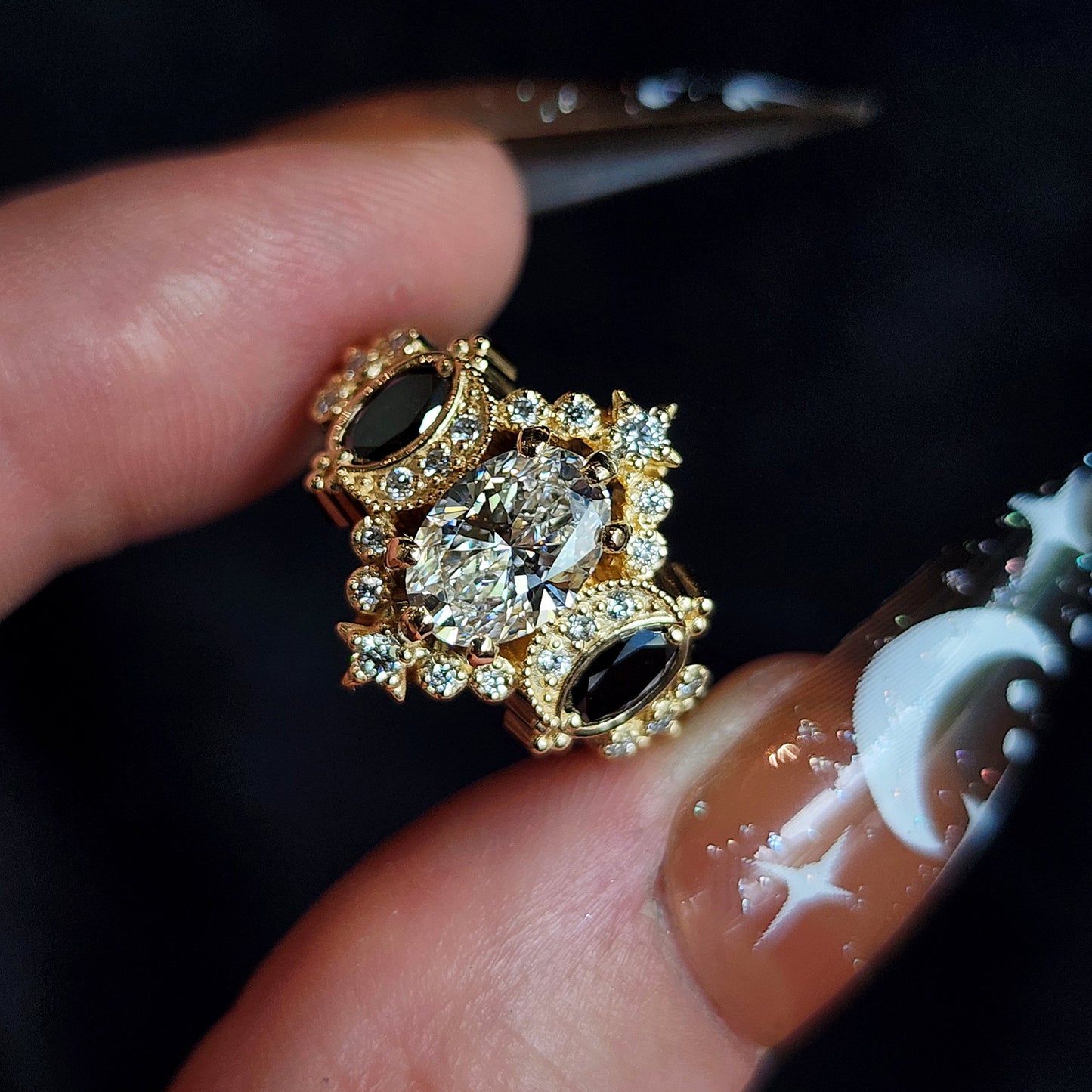 Sabrina Witchy Engagement Ring with Diamond Stars and Oval Side Gems 14k Gold image 4