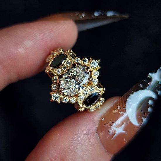 Sabrina Witchy Engagement Ring with Diamond Stars and Oval Side Gems 14k Gold image 4