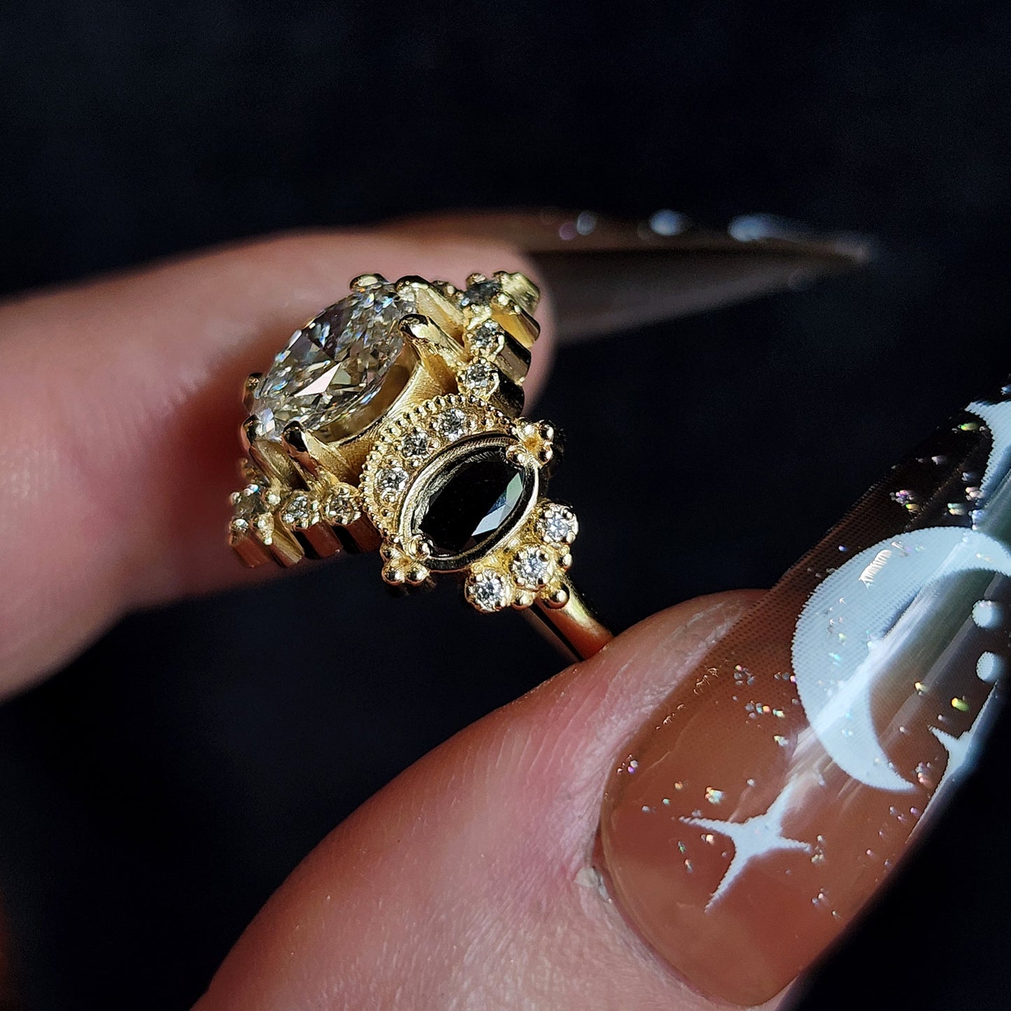 Sabrina Witchy Engagement Ring with Diamond Stars and Oval Side Gems 14k Gold image 5