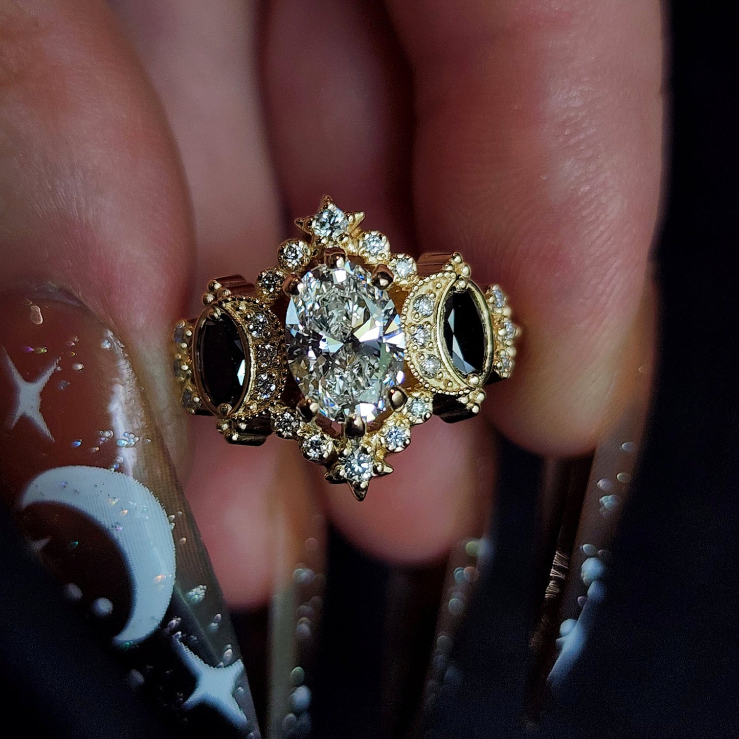 Sabrina Witchy Engagement Ring with Diamond Stars and Oval Side Gems 14k Gold image 3