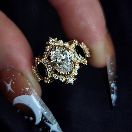 Sabrina Witchy Engagement Ring with Diamond Stars and Oval Side Gems 14k Gold image 1